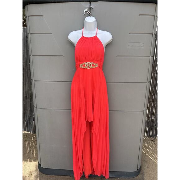 Caché Coral Chiffon Halter Formal Party Prom High Low Maxi Dress Gown Sz 0 Y2K - Picture 3 of 14